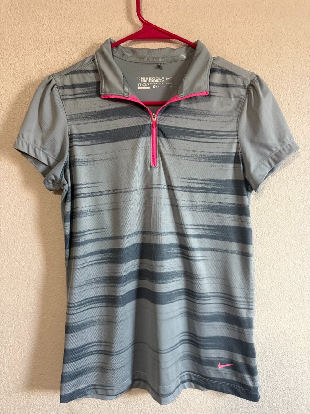 Nike Golf Women's Gray & Pink Striped Short Sleeve Zip Polo Shirt Size S